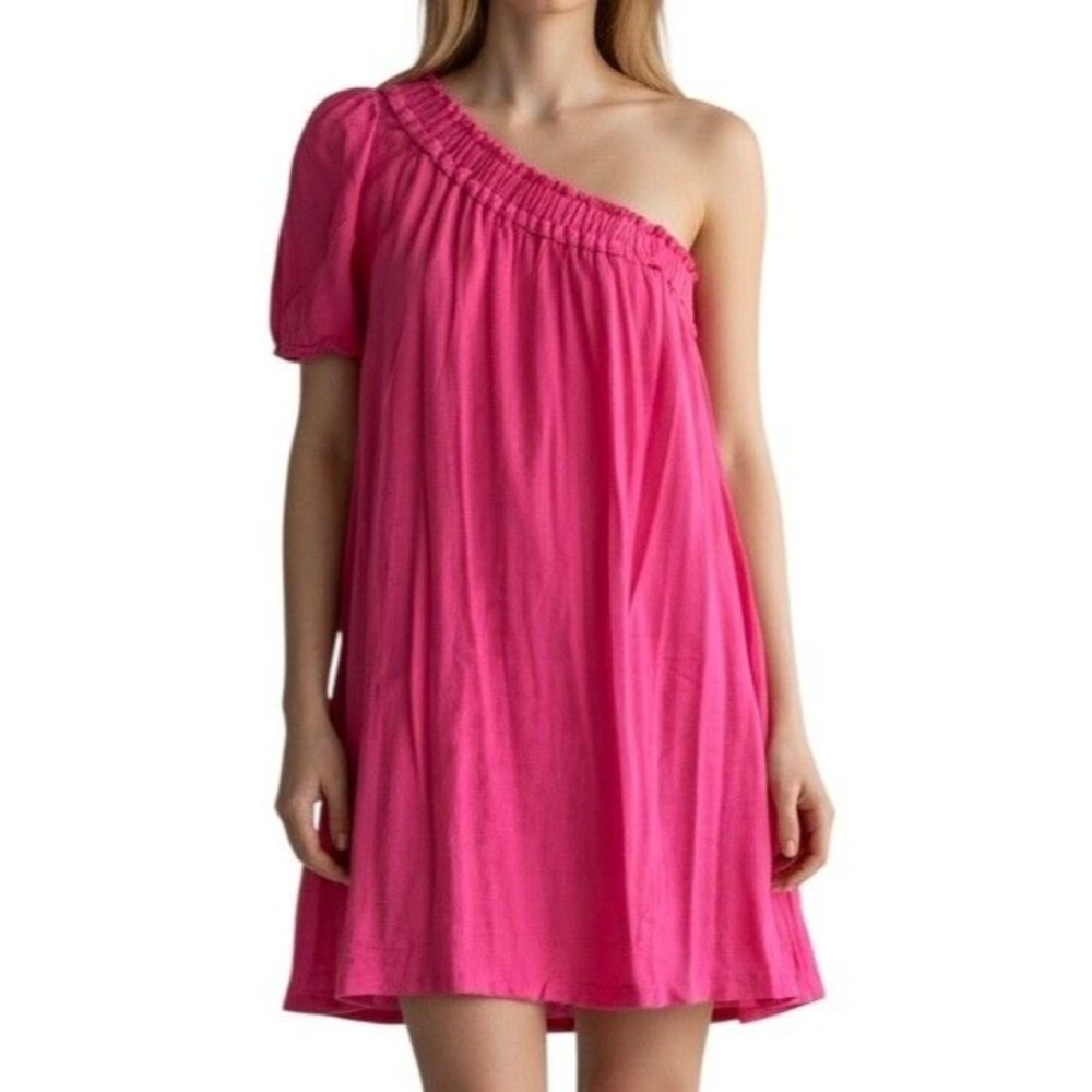 Monteau Junior's One Shoulder Mini Dress Linen Rayon Blend Lightweight Sz M Pink